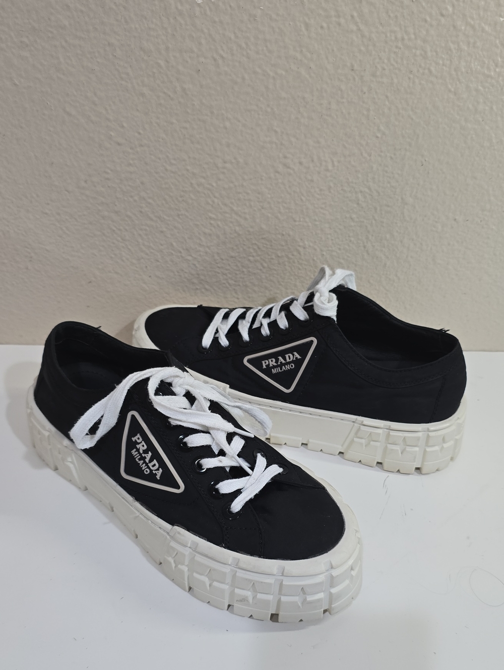 Prada Black Canvas Low-Top Sneakers with White Chunky Sole